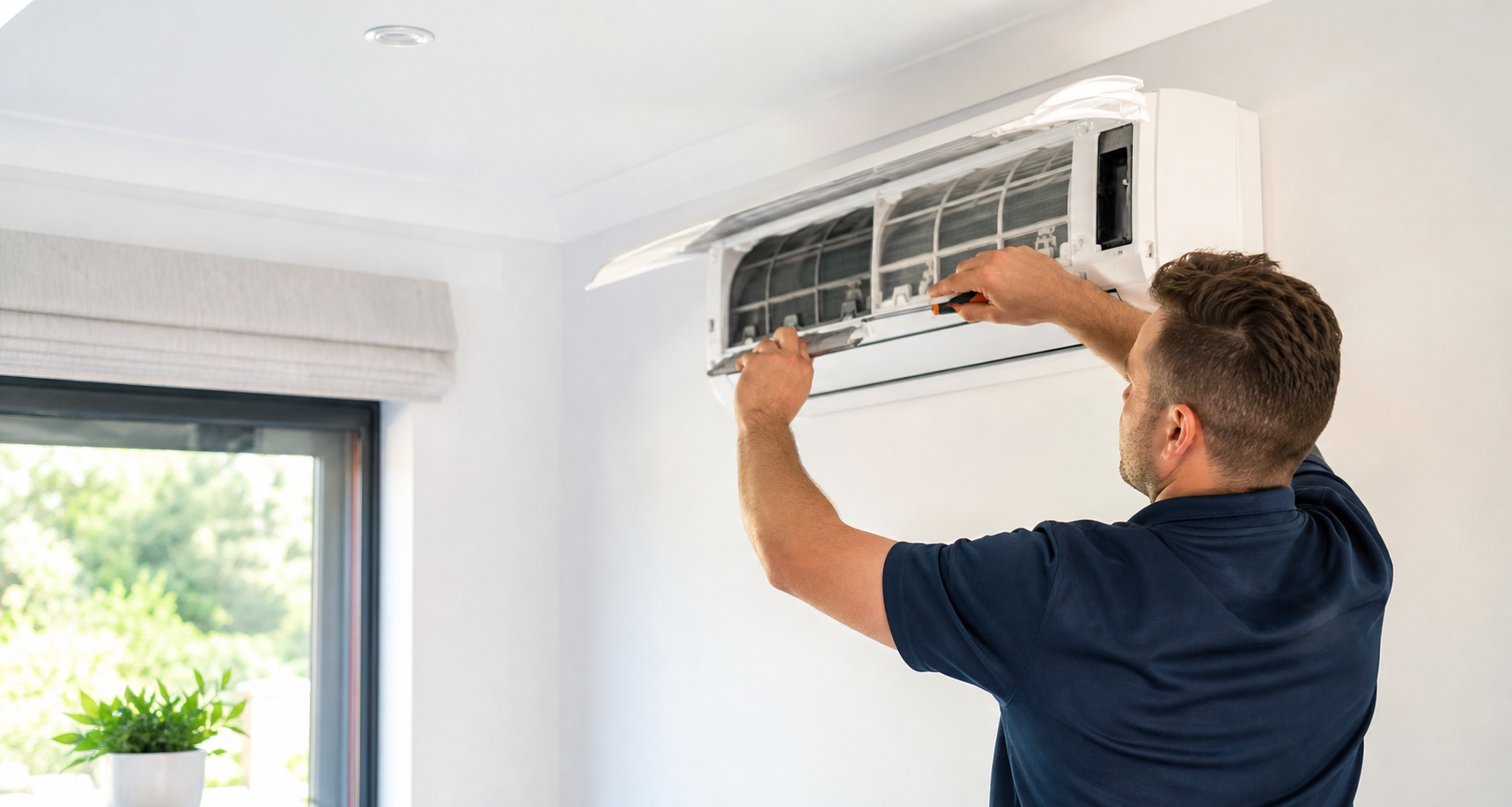 Technician servicing a wall-mounted air-conditioning unit