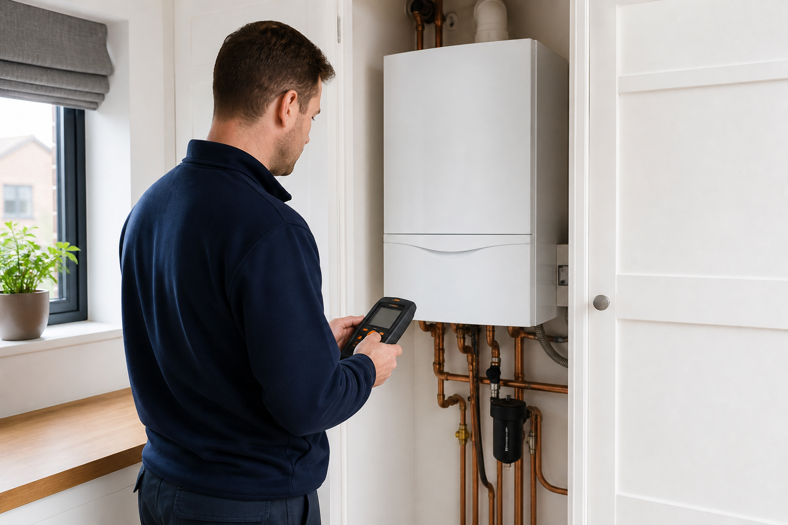 Technician checking a modern domestic boiler