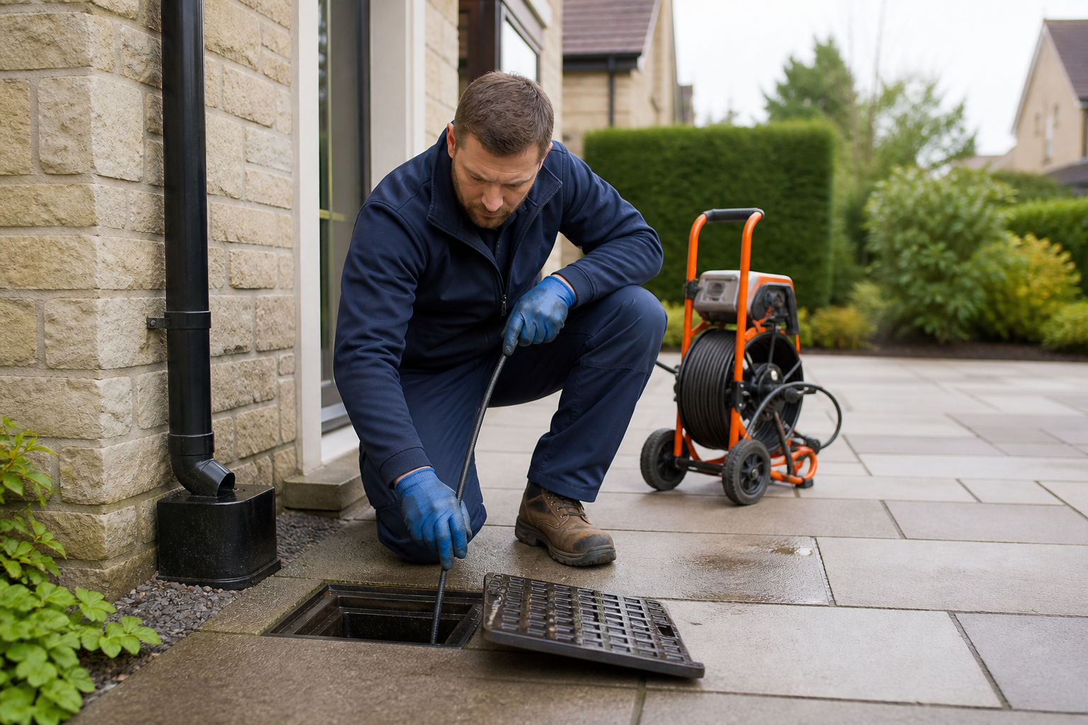 Drainage technician clearing an exterior household drain