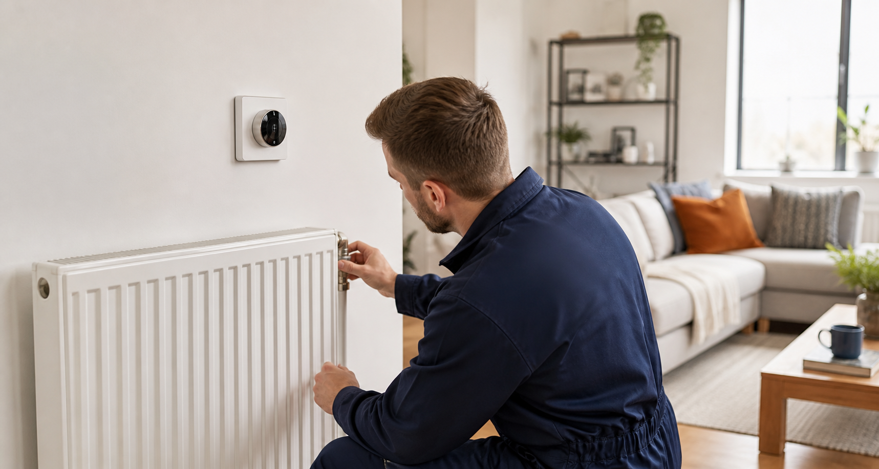 Heating technician checking a radiator in a living room
