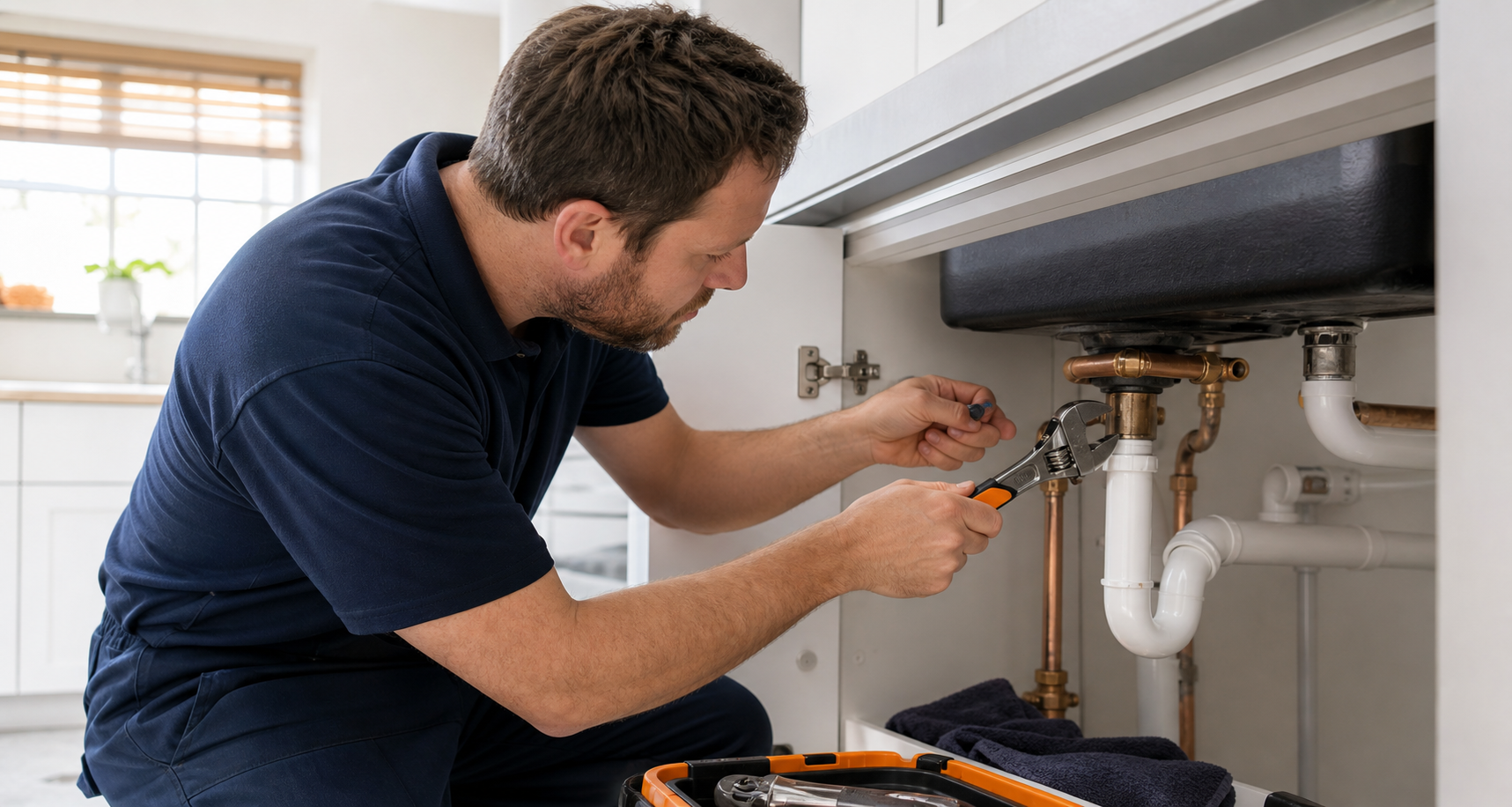 Plumber repairing pipework beneath a kitchen sink